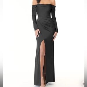 Azazie Hallie Black Sheath Off-The-Shouler Long Sleeve Stretch Satin Dress